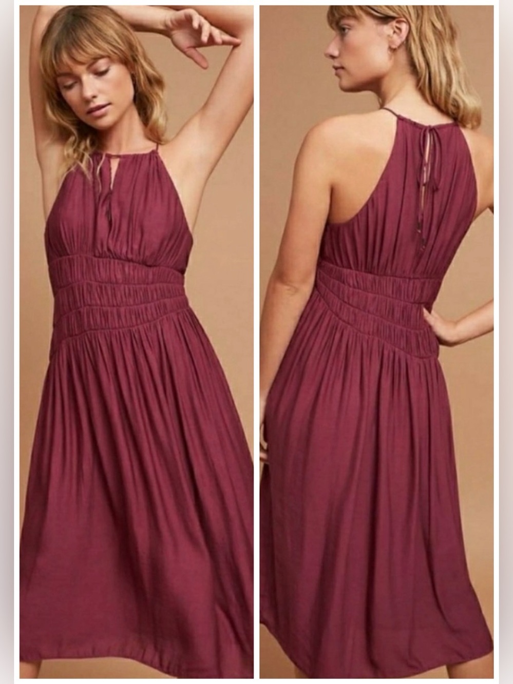 Moulinette Soeurs burgundy asymmetric elastic ruching waist dress, flowy size 4